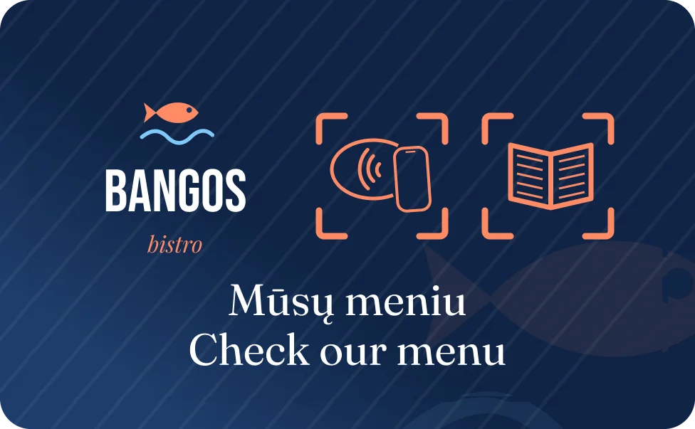 Example NFC card for Bangos, a bistro: navy blue background with an orange fish and the text “See our menu” in Lithuanian and English