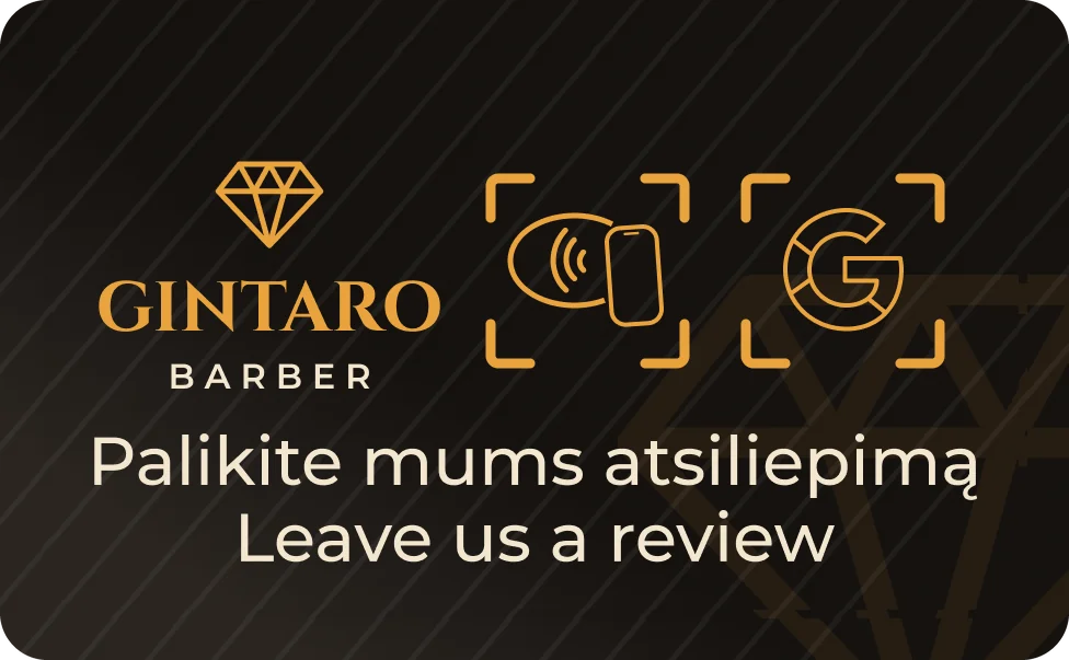 Example NFC card for Gintaro, a barber's: black background, gold lettering and the text “Leave us a review” in Lithuanian and English