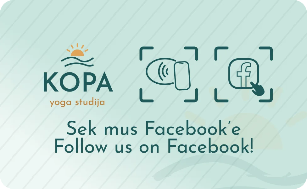 Example NFC card for Kopa, a yoga studio: aqua background with a sun over the waves and the text “Follow us on Facebook” in Lithuanian and English