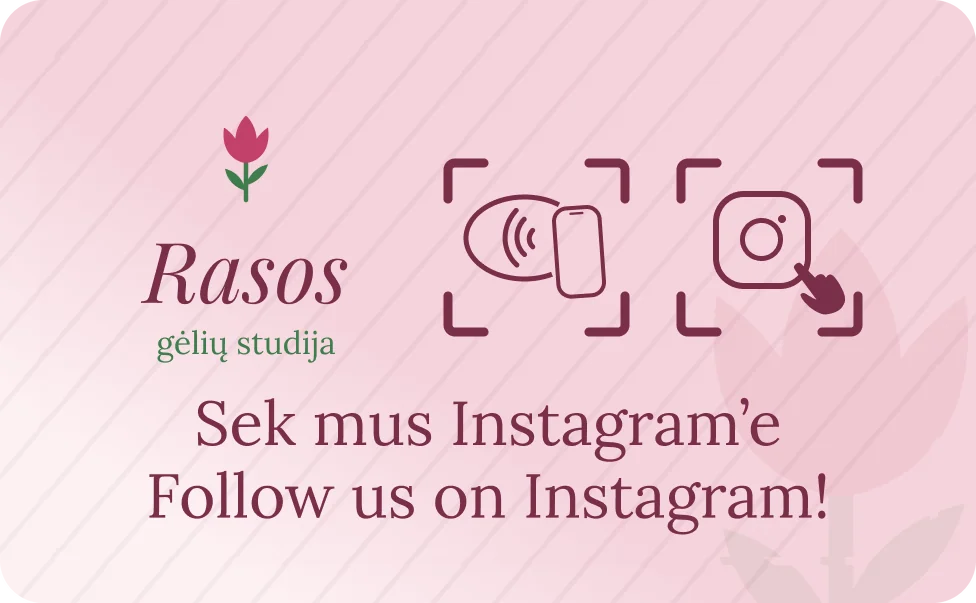 Example NFC card for Rasos, a flower studio: pink background with a tulip and the text “Follow us on Instagram” in Lithuanian and English