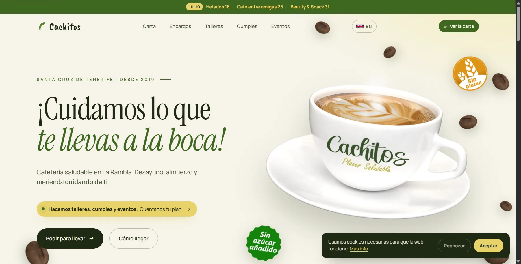 Home page of Cachitos, a sugar-free and gluten-free café in Santa Cruz de Tenerife